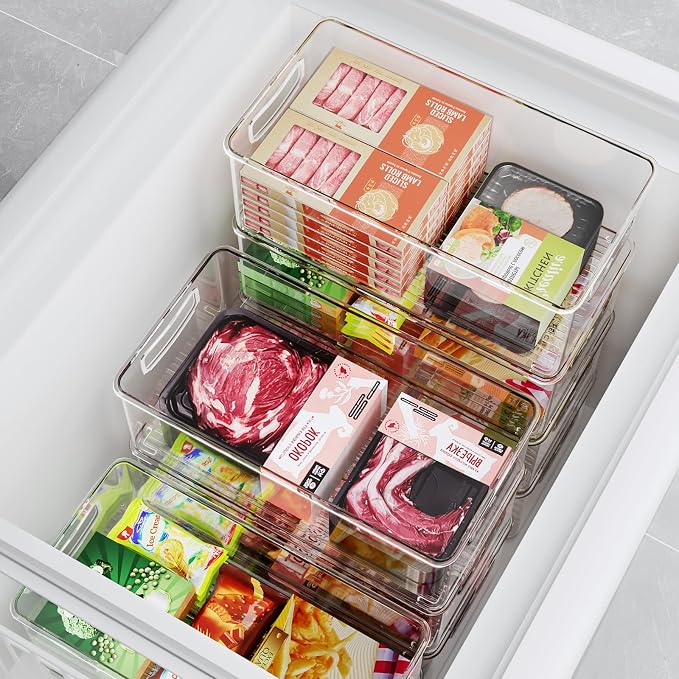 Heyuzb 8 PACK Freezer Organizer Bins Fridge Organizers and Storage Stackable Refrigerator Organizers Bins with Side Handles Clear Storage Bins for Pantry, Under Sink, Kitchen Cabinet