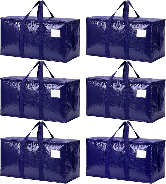 Songrey Heavy Duty Moving Bags, 6 Pack Large Storage Bags with Zipper & Handles, Waterproof Totes Bags for Clothes Packing, Moving, College Supplies, Home Organization