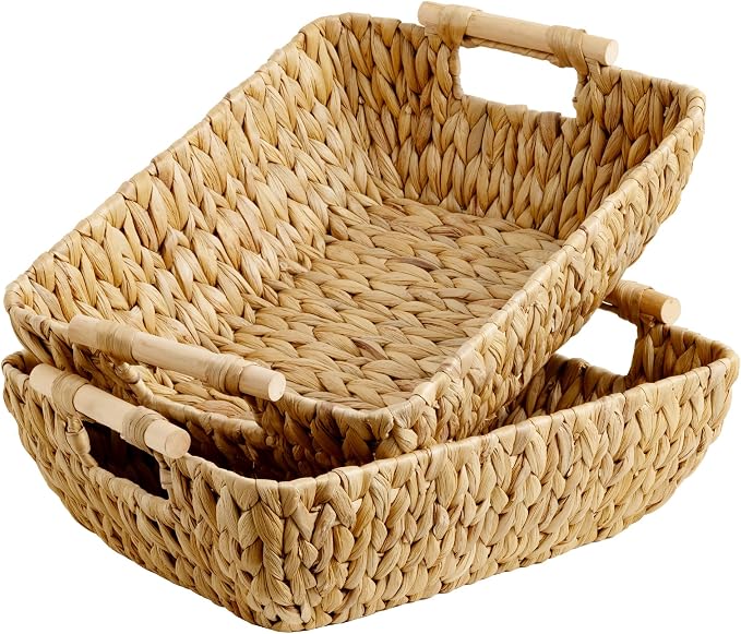 StorageWorks Hand-Woven Storage Baskets with Wooden Handles, Water Hyacinth Wicker Baskets for Organizing, 2 Pack
