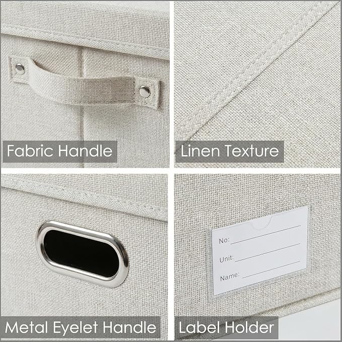 PRANDOM Storage Bins with Lids [3-Pack] Linen Fabric Foldable Storage Boxes Organizer Containers Baskets Cube with Cover for Bedroom Closet Office Beige (23.4X15.9X11.4)