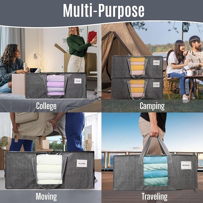 VENO 10 Pack Heavy Duty Moving Bags, Packing Bags with Clear Window, Alternative to Moving Boxes, Storage Bins for Clothes, Blankets, Comforters, College Dorm Essentials (Gray, 10 Pack)