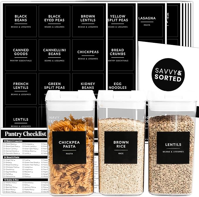 SAVVY & SORTED Black Labels for Containers, 180 Kitchen Labels for Food Storage Container, Pantry Labels for Food Storage, Organize Pantry Essentials Canister Label