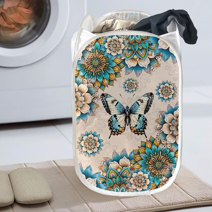 AFPANQZ Boho Flower Butterfly Popup Laundry Hampers with Mesh Pocket Collapsible for Storage and Easy to Open Folding Pop Up Clothes Hampers 61L,13.5x13.5x21 inches