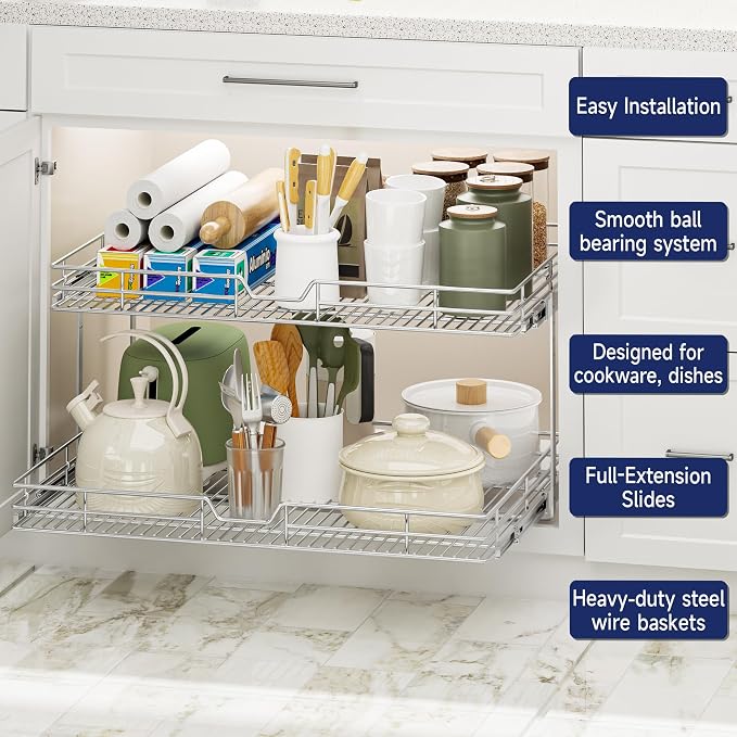 2-Tier Pull Out Cabinet Organizer, 27" W x 21.5" D, Heavy Duty Dual Slide Out Shelves for Wide Base Cabinets, Chrome Wire Basket Drawer for Pots, Pans, Pantry & Cleaning Supplies