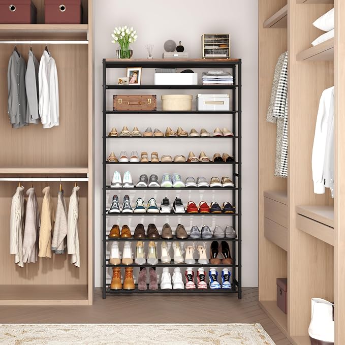 HOMEFORT 10 Tiers Shoe Rack Organizer,39.4" Shoe Storage Shelf for Closet, Shoe Rack for Entryway,Holds 45-50 Pairs of Shoe, Tall Shoe Stand with Metal Shelves and MDF Top Board,Rustic Brown