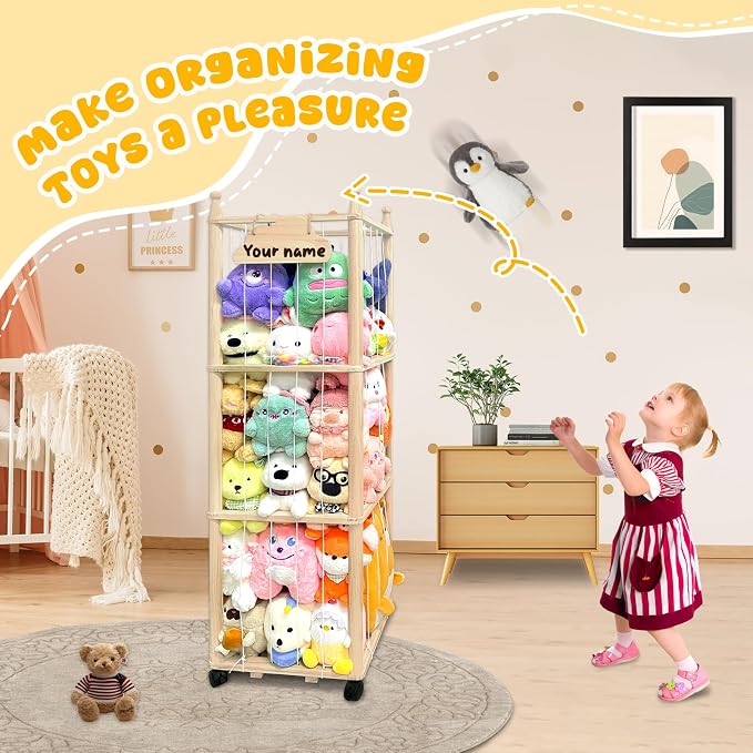 Pmbqifay Stuffed Animal Storage/Organizer Cute Wooden Stuffed Animal Zoo Storage Plush Toy Holder Cage for Nursery Toddler Rooms,Playrooms & Bedrooms with Toy Storage Bags for Building Blocks,Puzzle