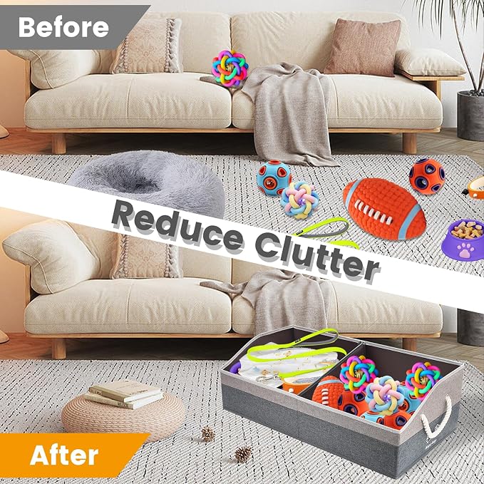 Large Dog Toy Basket with Handle, Foldable Dog Toy Box for Living Room Area , 28.5" Basket for Dog's Supplies, Organizer and Storage with Hard Board, Anti-Slip for Pet Toys (Gray, Large 28.5"×15")
