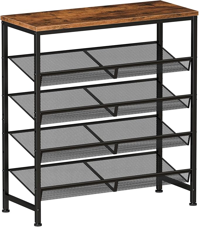 DUMOS Shoe Rack for Entryway, 5-Tier Shoe Organizer with Adjustable Mesh Shelves and Wooden Top, Freestanding Storage Rack Holds 16-20 Pairs for Closet, Bedroom, Rustic Brown | Adjustable shelves lay flat or angled, metal frame with leveling feet, fits...