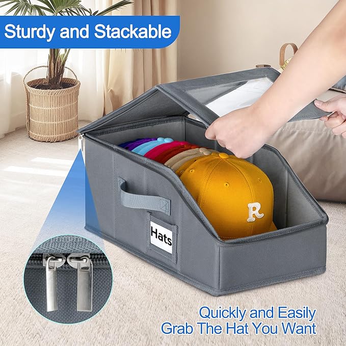 Dofilachy 4 Pack Stackable Hat Storage for Baseball Caps, Holds 56 Caps - Closet Organizer Box with Clear Window & Cardboard，Sturdy Snapback Hat Boxes for Home Storage (grey, 4)