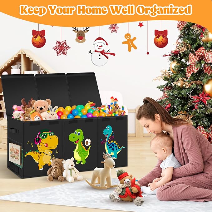 Beadsky Extra Large Toy Box, Collapsible Toddlers Toy Chest Kids Storage Organizer, Dinosaur Bin Boxes Storage Basket with Lids for Boys, Girls, Living Room, Nursery, Playroom, 40"x14"x16", Black