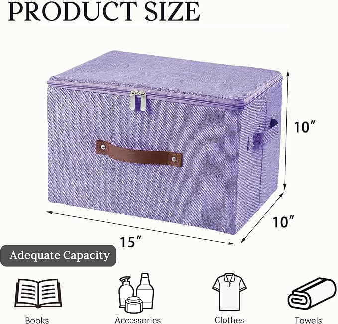 Storage Bins with Zipper Lid Foldable Fabric Lidded Storage Boxes Baskets Cubes Washable Collapsible PU Leather Handle Cotton Linen Shelves Closet Organizer Container(Purple, Large Size)