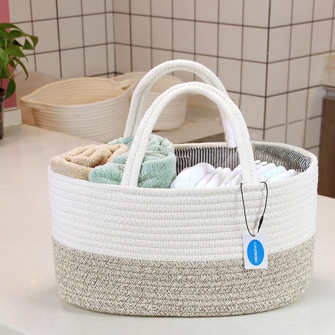 Casaphoria Caddy Organize Woven Hamper Cotton Rope Basket Caddy for Storage, 100% Cotton Towel Basket with Handle, Portable Bag, Light Brown (14.2''8.7''7.1'')