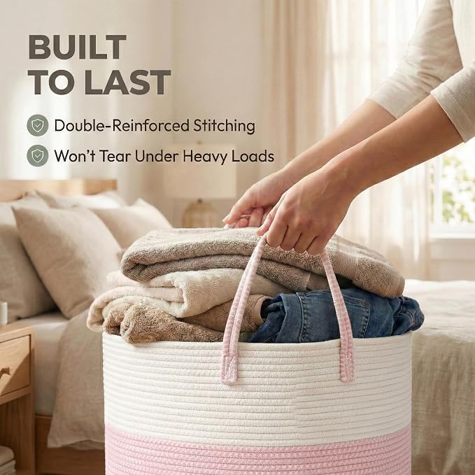 JMvicyroam 115L Extra Large Blanket Basket for Living Room - Woven Cotton Rope Laundry Hamper with Reinforced Handles - Storage Bin for Pillows, Comforters & Toys - Machine Washable,White&Pink