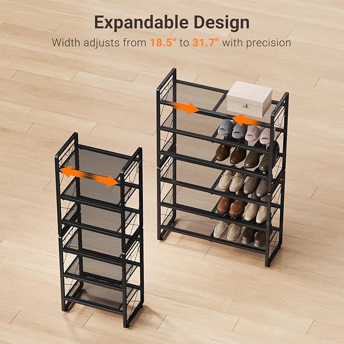 ELYKEN Shoe Rack, 6-Tier Expandable Shoe Organizer for Closet, Metal Black Shoe Shelf with 8 Hooks, Adjustable Shoe Stand Holder for Entryway, Garage, Door Entrance