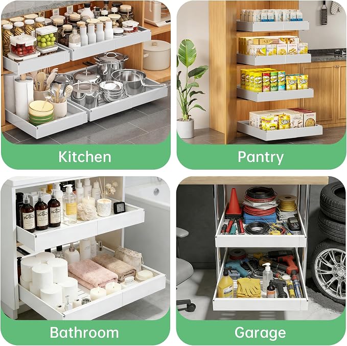 Pull out Cabinet Organizer, 1 pack, 20.5" Deep Heavy Slide out Drawers, Upgrade Three Triple-Slide Rail Systems, Expandable 12.8"-20.8" Roll out Shelf Storage for Kitchen Base Cabinet Organization
