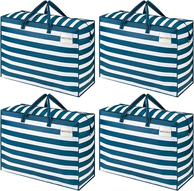 VENO 4 Pack Heavy Duty Moving Bags, Storage Bags, Packing Supplies, Top Zipper, Storage Totes for Camping, Clothes, Bedding, Comforters, Pillows (27 Gallon, Classic Navy Stripe, 4 Pack)