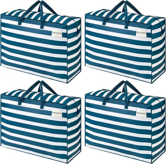VENO 4 Pack Heavy Duty Moving Bags, Storage Bags, Packing Supplies, Top Zipper, Storage Totes for Camping, Clothes, Bedding, Comforters, Pillows (27 Gallon, Classic Navy Stripe, 4 Pack)