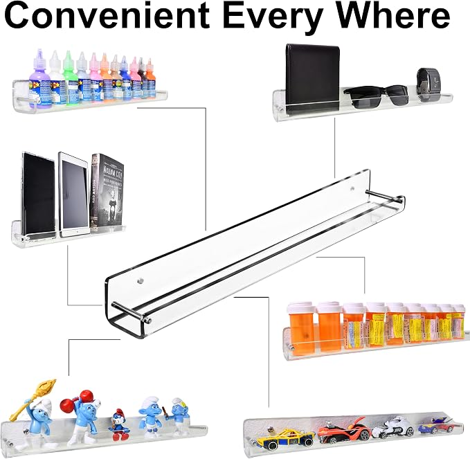 AMT 4 Pack Acrylic Floating Shelves, 15" L x 1.6" W, Clear Bathroom Wall Shelf, Bookshelves, Invisible Display for Office, Bedroom, Small Gap Allows Water to Escape, Free Screws & Drill Bit (Small)