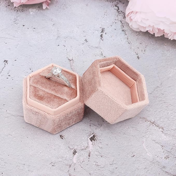 DesignSter Velvet Ring Box Hexagon - Premium Gorgeous Vintage Double Ring Display Holder with Detachable Lid for Proposal, Engagement, Wedding, Ceremony(Nude peach)