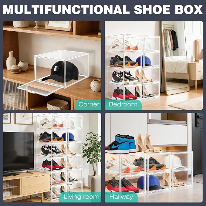 1 Pack Drop-Front Clear Shoe Storage Box Acrylic Box Shoe Organizer Size 12, Stackable Shoe Cases with Magnetic Door Storage Cubbies for Sneaker Containers Boot Display & Closet Organization