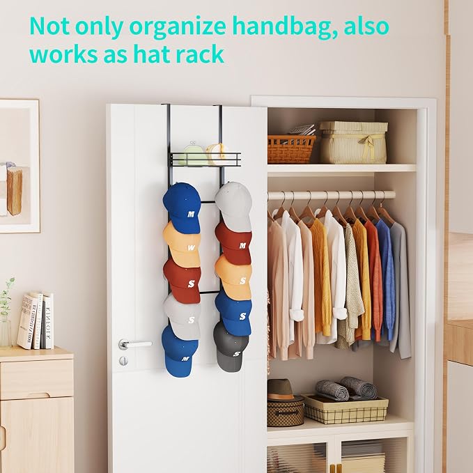 HapiRm Over The Door Purse Organizer - Wall Mounted Purse Rack with 10 Hooks and Metal Basket, Hanging Handbag Organizer Holds up to 10 Bags, Bag Rack Can Use As 1/2 Part, for Door, Closet (Black)