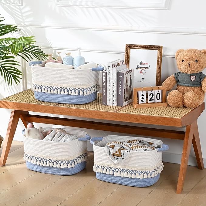 3 Pack Storage Basket for Shelves, Boho Cotton Rope Storage Bins with Heavy Tassel, Shelf Baskets Large Woven Baskets for Organizing, Cube Organizer Bins, Baby Laundry Basket for Clothes, Toys, Pets