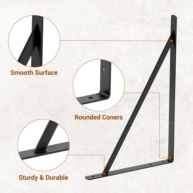 HOME MASTER HARDWARE 20inch x 13 inch Black Heavy Duty Shelf Brackets 6 Pack, Metal L Brackets with Screws - 90 Degree Angle Brackets for Shelves, Floating Shelf & Wall Mounted Shelf Support