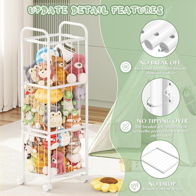 Stuffed Animal Storage, Metal Tube Toy Storage Organizer Extra Large Stuffed Animal Holder With Brake Wheels, Stuffed Animal Zoo Organizer For Nursery Playroom Kids Room White(53.5” x 18.1”x 13”) 13”)