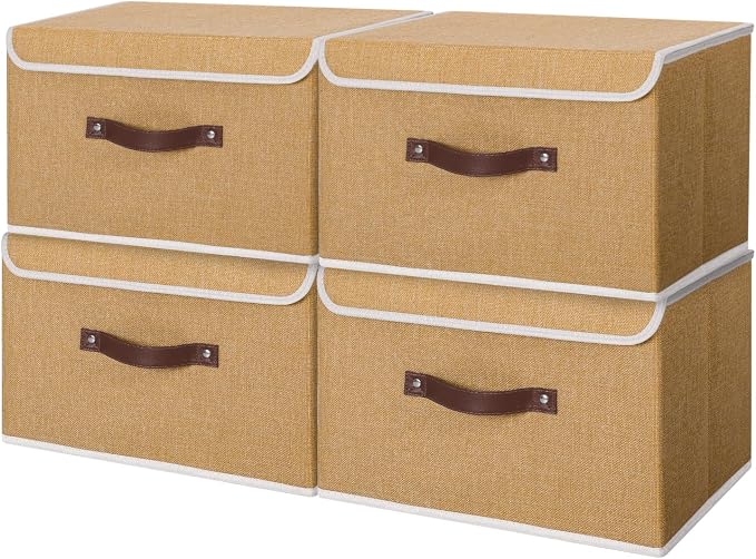ANMINY 4PCS Storage Bins with Lid PU Leather Handles Storage Boxes PP Plastic Board Decorative Foldable Lidded Cotton Linen Fabric Home Cubes Baskets Closet Organizer Containers - Khaki, Small Size