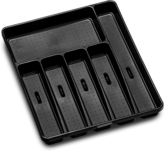 madesmart Premium Silverware Tray, 6 Compartment Flatware Organizer for Forks, Knives & Spoons, Non Slip, Soft Grip Lining, Durable Drawer Organizer, Black