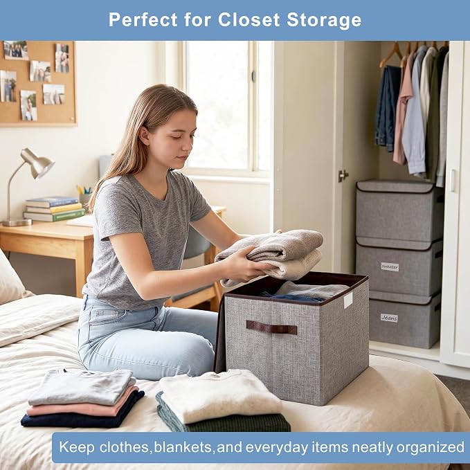 Bagnizer Large 22 Quart Linen Fabric Foldable Storage Bin Cube Organizer Basket with Flip-Top Lid & Handles, Clothes Blanket Box for Home, Office, Closet, Gray, 4 Pack 14.6 x 9.5 x 9.5”