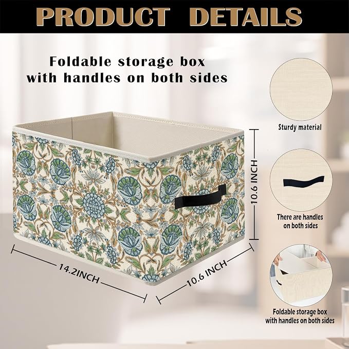 Blue Floral Storage Bin Box with Handles, Vintage French Country Blue and Green Flower Botanical Foldable Organizer Basket Toybox for Bedroom Bathroom Home Clothes Books