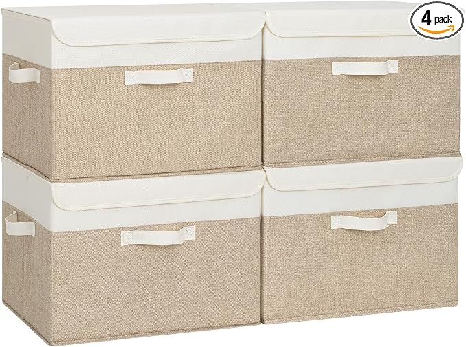 GRANNY SAYS Storage Boxes with Lids, Decorative Storage Bins, Shelf Baskets, Clothes Storage and Organization, White/Khaki, 4-Pack