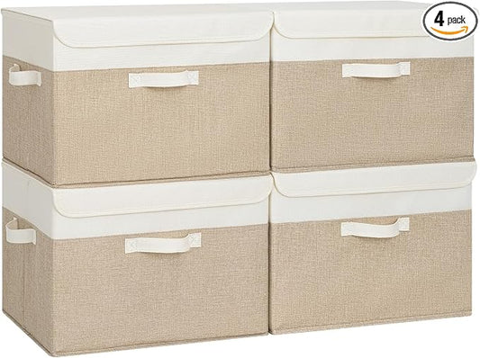 GRANNY SAYS Storage Boxes with Lids, Decorative Storage Bins, Shelf Baskets, Clothes Storage and Organization, White/Khaki, 4-Pack
