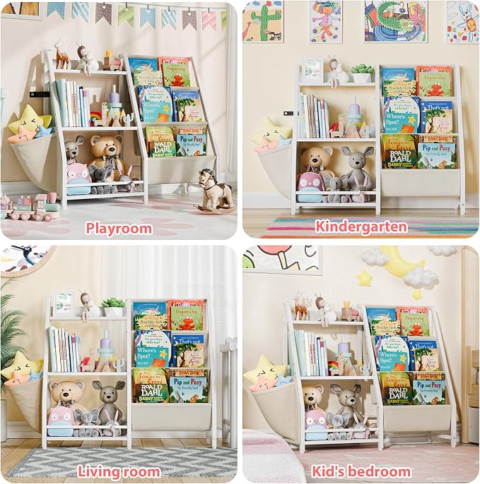 LATIBELL 3 Tier Kids Bookshelf and Toy Storage, Kids Book Sling Shelf, Montessori Baby Toddler Bookshelf for Kid, Kid Bookcase, Toy Storage Organizer (White)