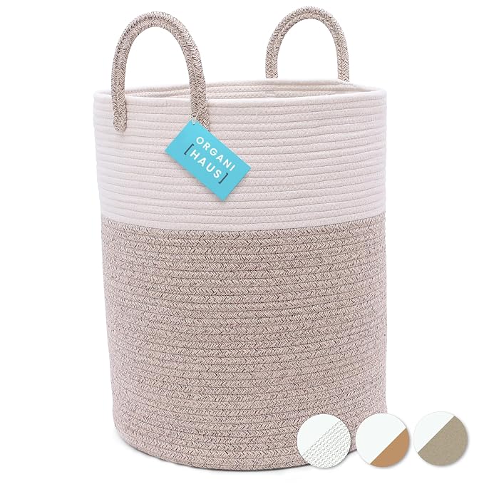 OrganiHaus Tall Cotton Rope Laundry Basket & Hamper, Blanket Storage 52L | Brown / Off-White - Tall Cotton Rope Hamper, 52L