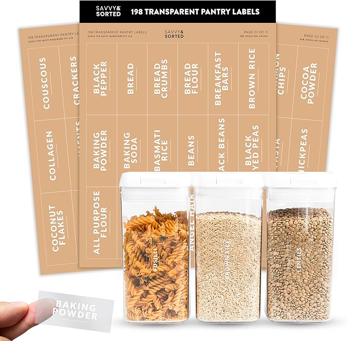 SAVVY & SORTED Pantry Labels for Food Containers, 198 Modern Font Kitchen Labels for Containers on Clear Sticker, Waterproof Scratch Resistant, Organize Pantry Essentials