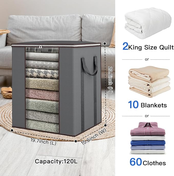 Comforter Storage Bags 120L for Blanket Clothes Bedding Sheet 2 Pack Grey