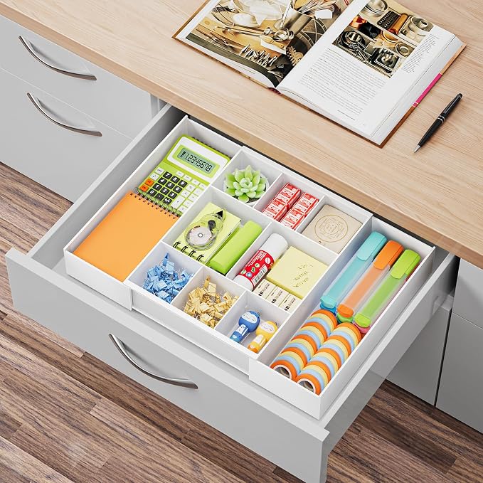 Marbrasse Expandable Desk Drawer Organizer, Clear Plastic Drawer Organizer Tray with 10 Adjustable Compartments, Desk Organizers and Accessories, 5 Drawer Dividers for Office Supplies, Makeup(White)