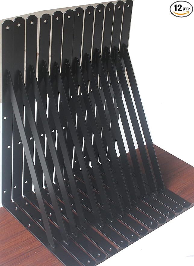 12 Pack L22 x H 12" Black Heavy Duty Shelf Brackets with Screws Metal Shelf Brackets Shelf Support Angle Brackets for Shelves L Brackets Heavy Duty Floating Shelf