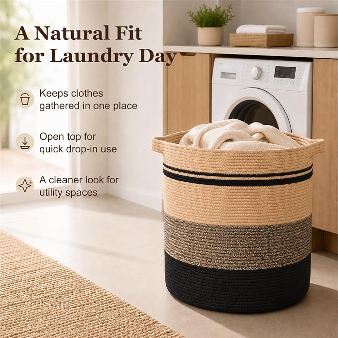 OIAHOMY 80L Laundry Baskets-Laundry Hamper,Storage Basket with Handles,Decorative Basket for Living room,Woven Storage Basket for Toys Bin,Pillows, Blankets,Clothes-20x18in-Yellow Black