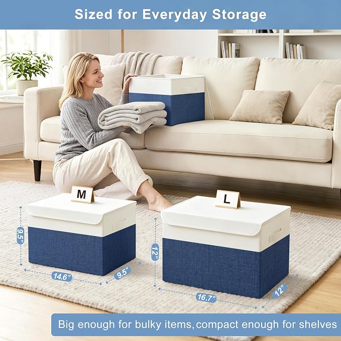 Large 17" 42 Quarts Collapsible Stackable Storage Bins with Lids [3-Pack] Foldable Fabric Linen Storage Boxes Cube, Closet Organizer Baskets with Label for Home (16.7 x 12 x 12", Navy Blue & White)