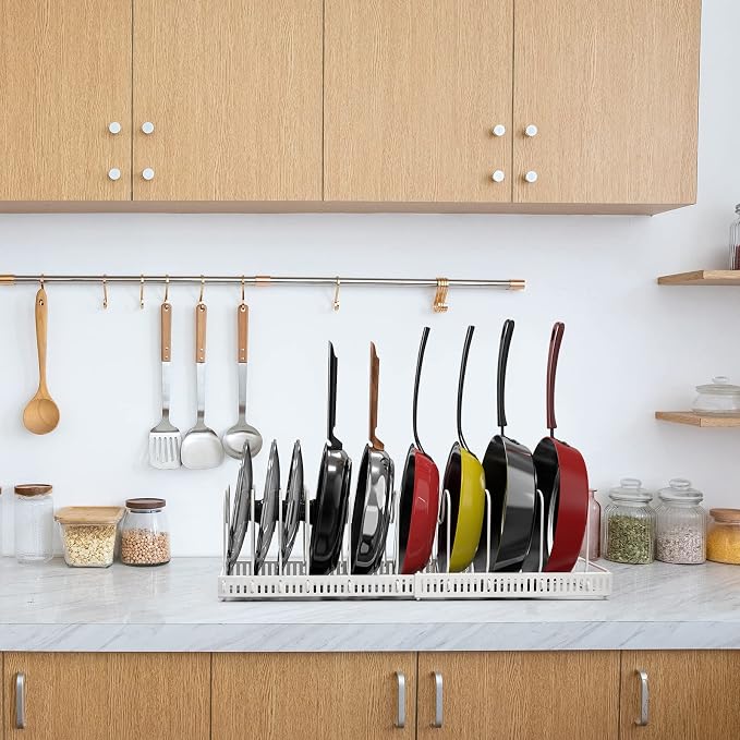 Puricon Pots and Pans Organizer Under Cabinet, Expandable Pot Rack with 10 Dividers, Lid Organizers Inside Cabinet, Cutting Board/Cookware/Bakeware/Baking Storage Holder for Kitchen -White
