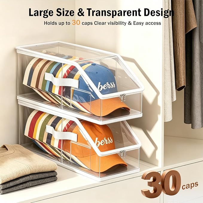 Clear Hat Organizer– Stackable Transparent Hat Display Case with Zipper Closure 2 Pack– Space-Saving Protective Unit for Baseball Caps & Accessories White Trim