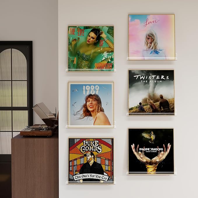 Laurensory Vinyl Record Wall Mount Shelves, 12 inch Vinyl Holder, 6 Pack | Clear Acrylic Floating Shelves for Album Record Storage Display, Wall Decor, Magazine Rack, Kids Bookshelf, Picture Ledge