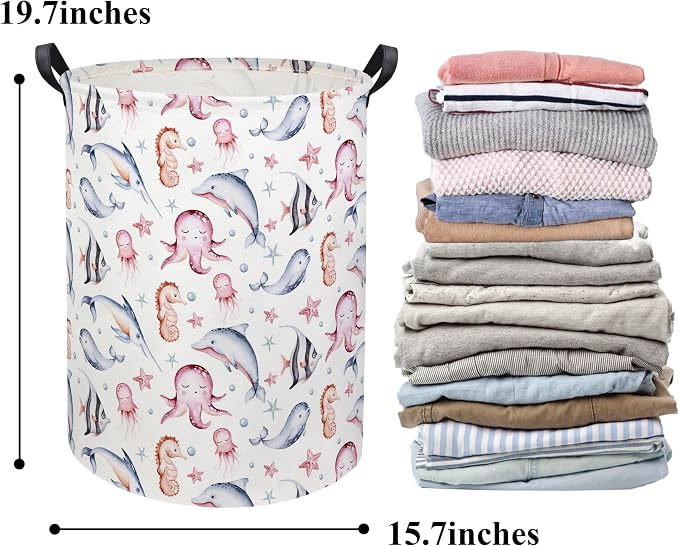 Baby Laundry Basket Baby Hamper for Nursery Girl Kids Ocean Hamper Cute Kids Toys Storage Bin Organizer Pink Room Decor for Home(Pink Ocean)