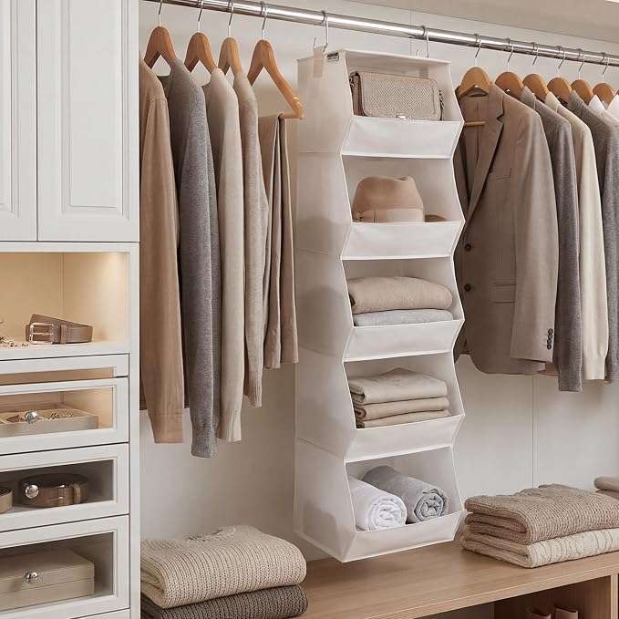 StorageWorks Basics Hanging Closet Organizer, 5-Shelf Wide Trapezoid Closet Shelves with Reinforced Anti-Sagging Support for Sweaters, Hoodies and Handbags, Foldable Storage Organizer, Beige