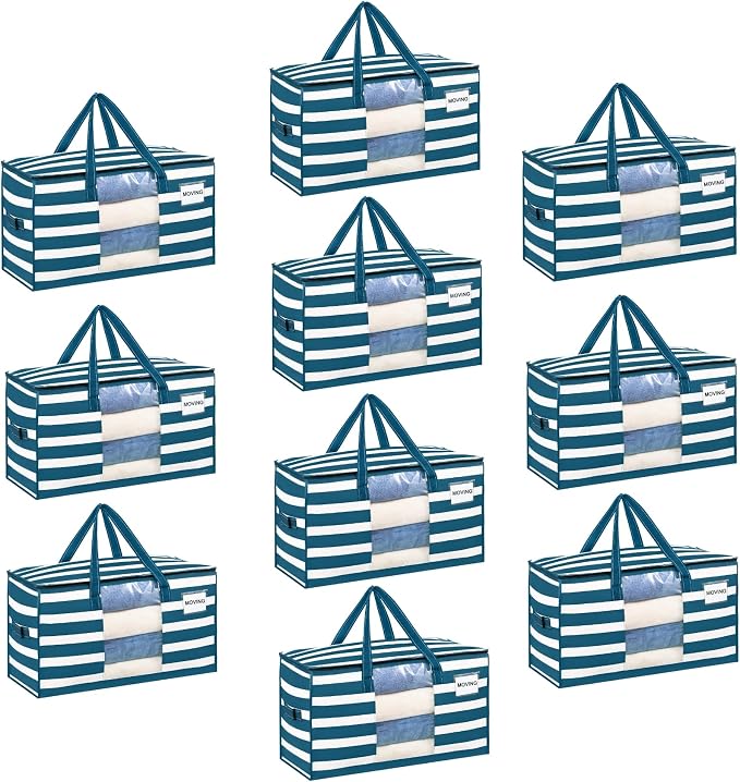 VENO 10 Pack Heavy Duty Moving Bags, Clothes and Comforter Storage Bags with Clear Window, College Dorm Essentials Packing Supplies, Foldable Boxes Alternative (Classic Navy Stripe, 10 Pack)