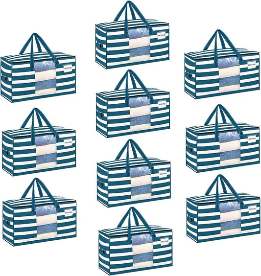 VENO 10 Pack Heavy Duty Moving Bags, Clothes and Comforter Storage Bags with Clear Window, College Dorm Essentials Packing Supplies, Foldable Boxes Alternative (Classic Navy Stripe, 10 Pack)
