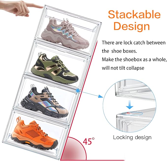 Clear Acrylic Shoe Boxes Stackable, Magnetic Clear Shoe Storage Boxes Fits Men’s US Size 12.5, Acrylic Sneaker Display Organizer, Drop Side Shoe Containers for Entryway & Sneaker, 1 Pack